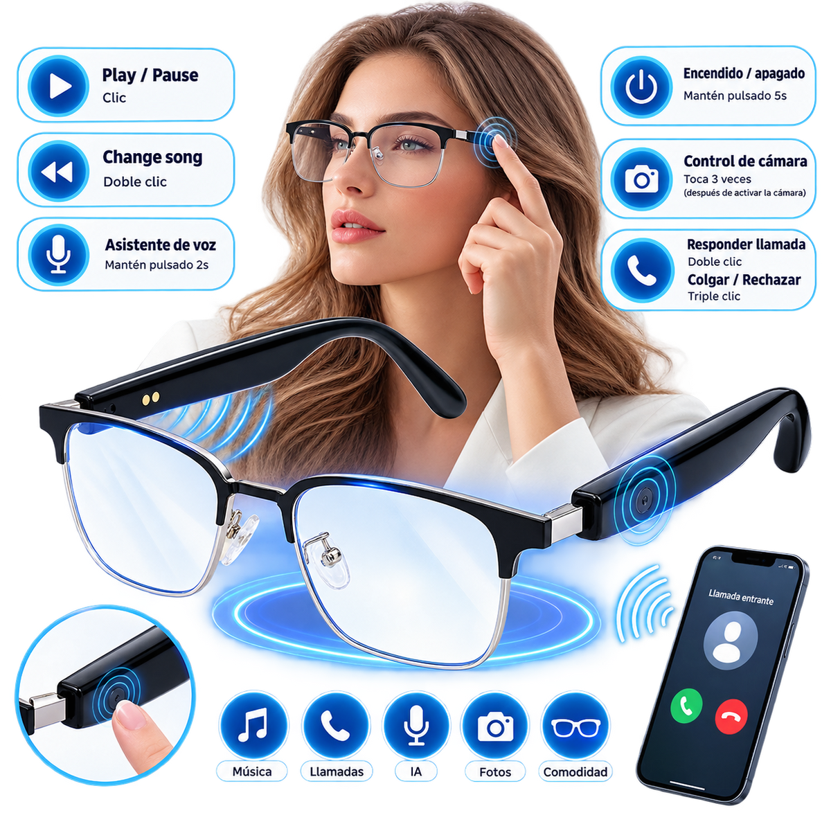 Gafas Inteligentes con Traducción IA y Audio Bluetooth